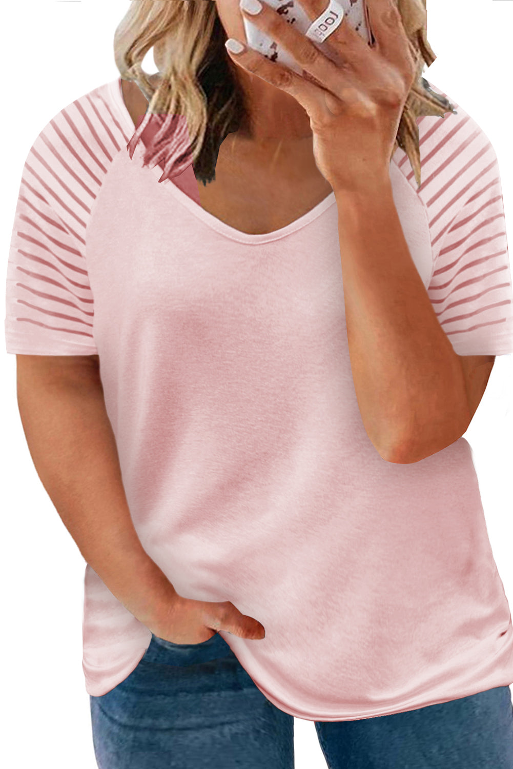 Pink White White Striped Raglan Sleeve Plus Size Tee Tops & Tees JT's Designer Fashion