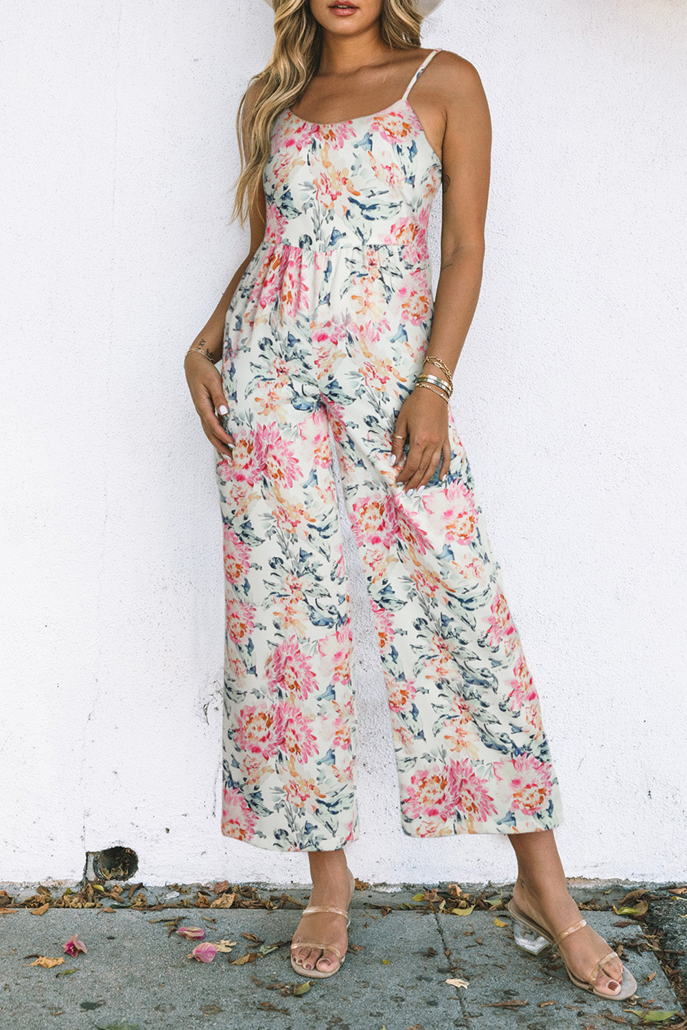 White Floral Spaghetti Straps Wide Leg Jumpsuit Jumpsuits & Rompers JT's Designer Fashion