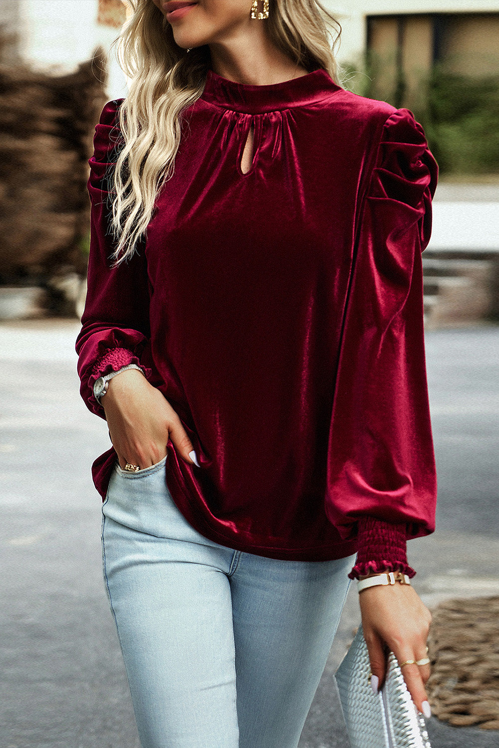 Red Keyhole Tie Neck Puff Sleeve Velvet Top – JT's Designer Fashion