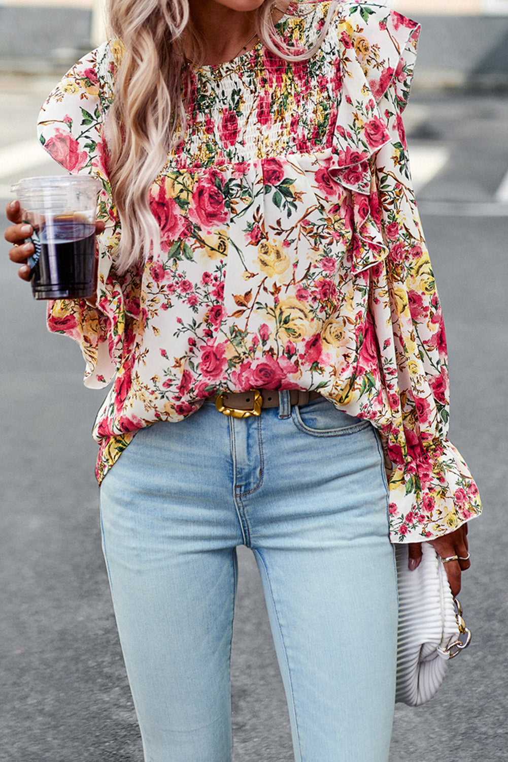 White Floral Printed Ruffle Trim Long Sleeve Blouse Tops & Tees JT's Designer Fashion