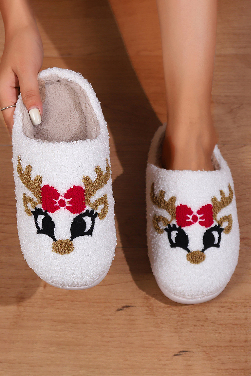 White Christmas Cartoon Pattern Plush Slippers Slippers JT's Designer Fashion