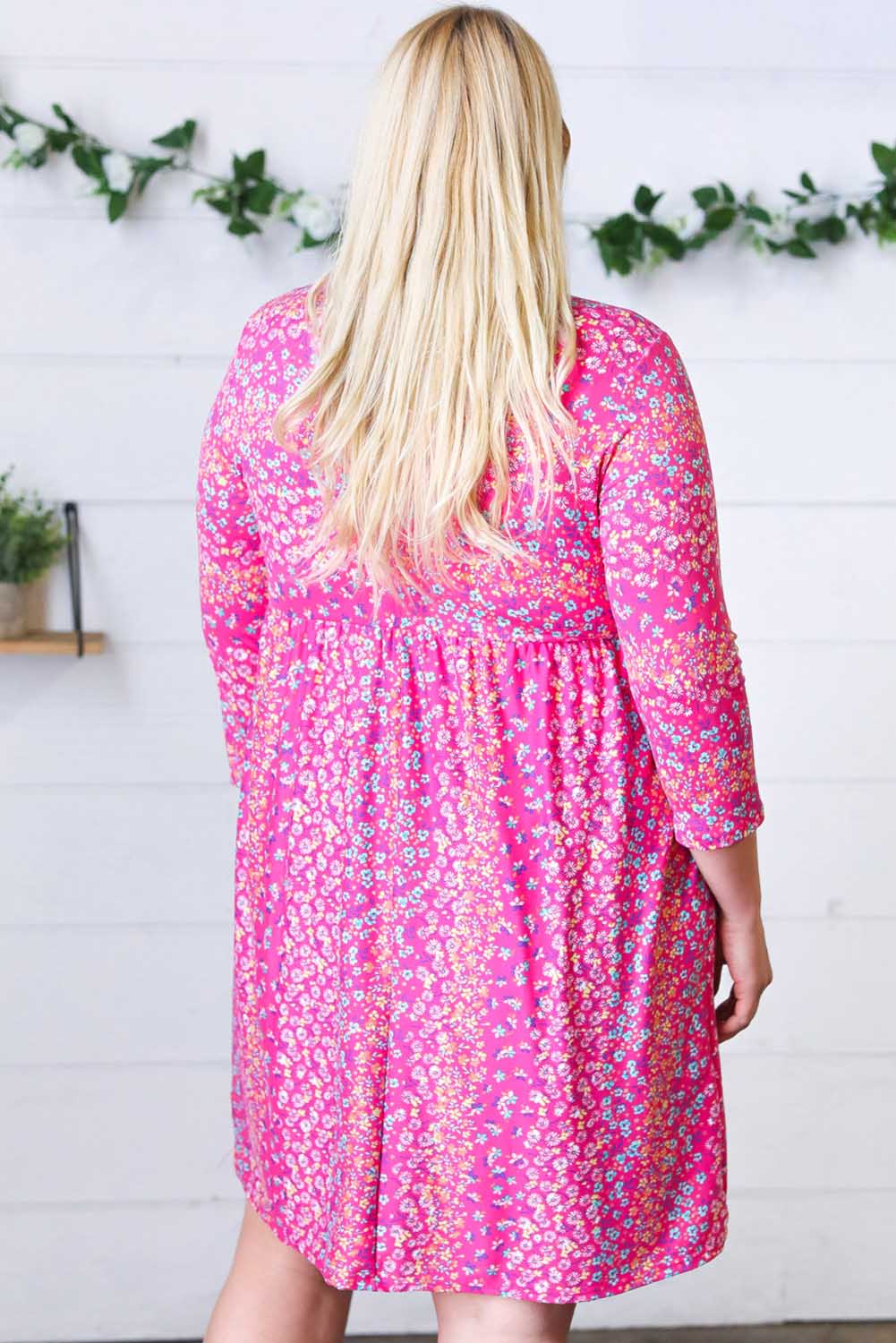 Pink Plus Size Sweet Floral Pocketed 3/4 Sleeve Dress Plus Size JT's Designer Fashion