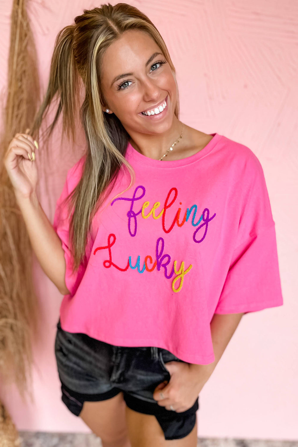 Bonbon Feeling Lucky Embroidered Half Sleeve T Shirt Tops & Tees JT's Designer Fashion