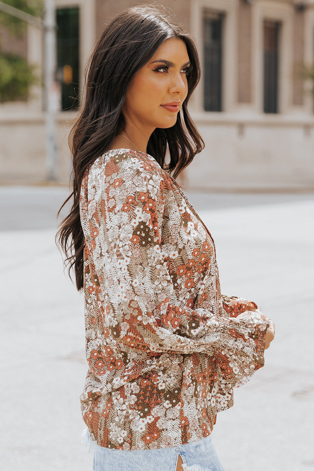 Khaki Floral Print Tie V Neck Button Up Blouse Blouses & Shirts JT's Designer Fashion