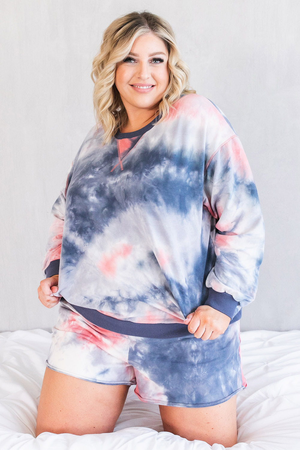 Multicolour Plus Tie Dye Ribbed Trim Top Pocketed Shorts Set Plus Size JT's Designer Fashion