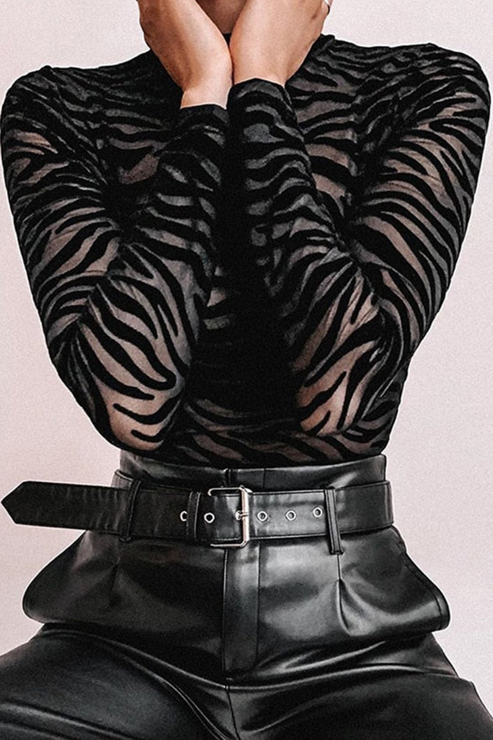 Mock Neck Long Sleeve Zebra Print Bodysuit Bodysuits JT's Designer Fashion