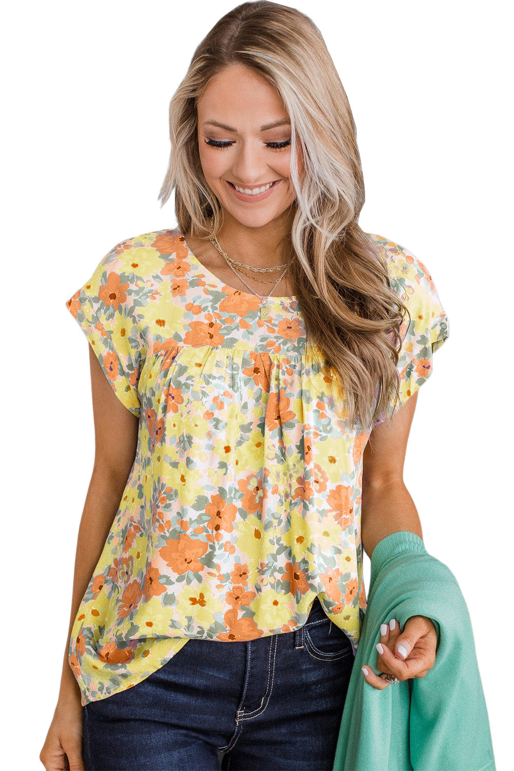 Orange Yellow Floral Print Keyhole Back Short Sleeve Babydoll Blouse Tops & Tees JT's Designer Fashion