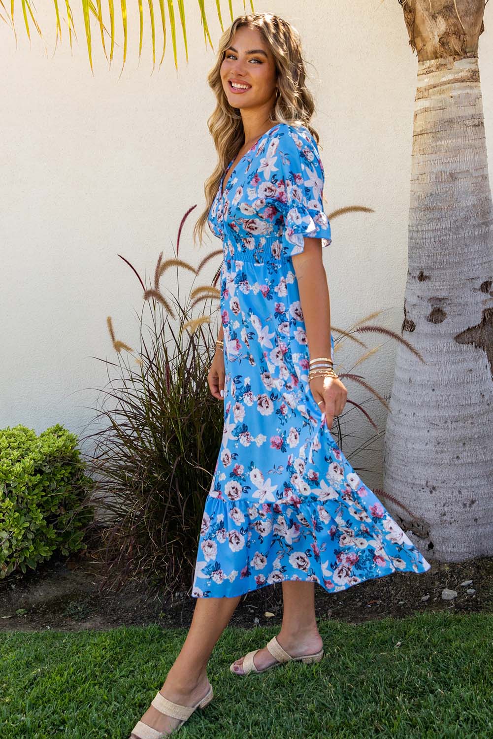 Blue Ruffle Short Sleeve Bohemian Flower Long Dress Floral Dresses JT's Designer Fashion