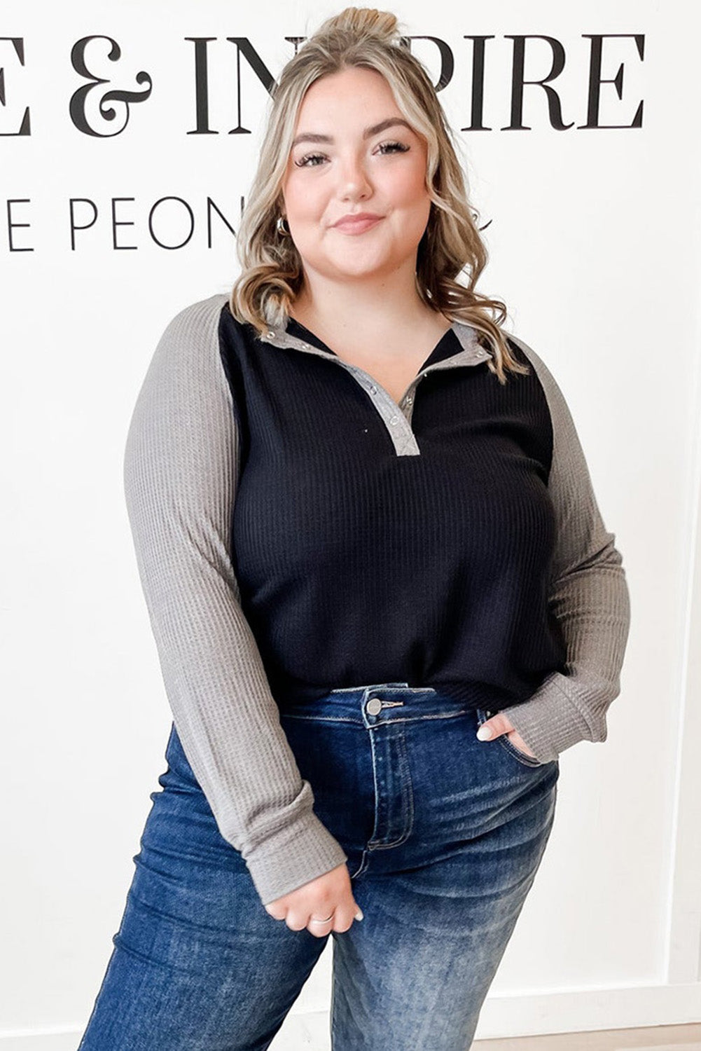 Black Color Contrast Waffle Knit Buttoned Plus Size Top Plus Size JT's Designer Fashion