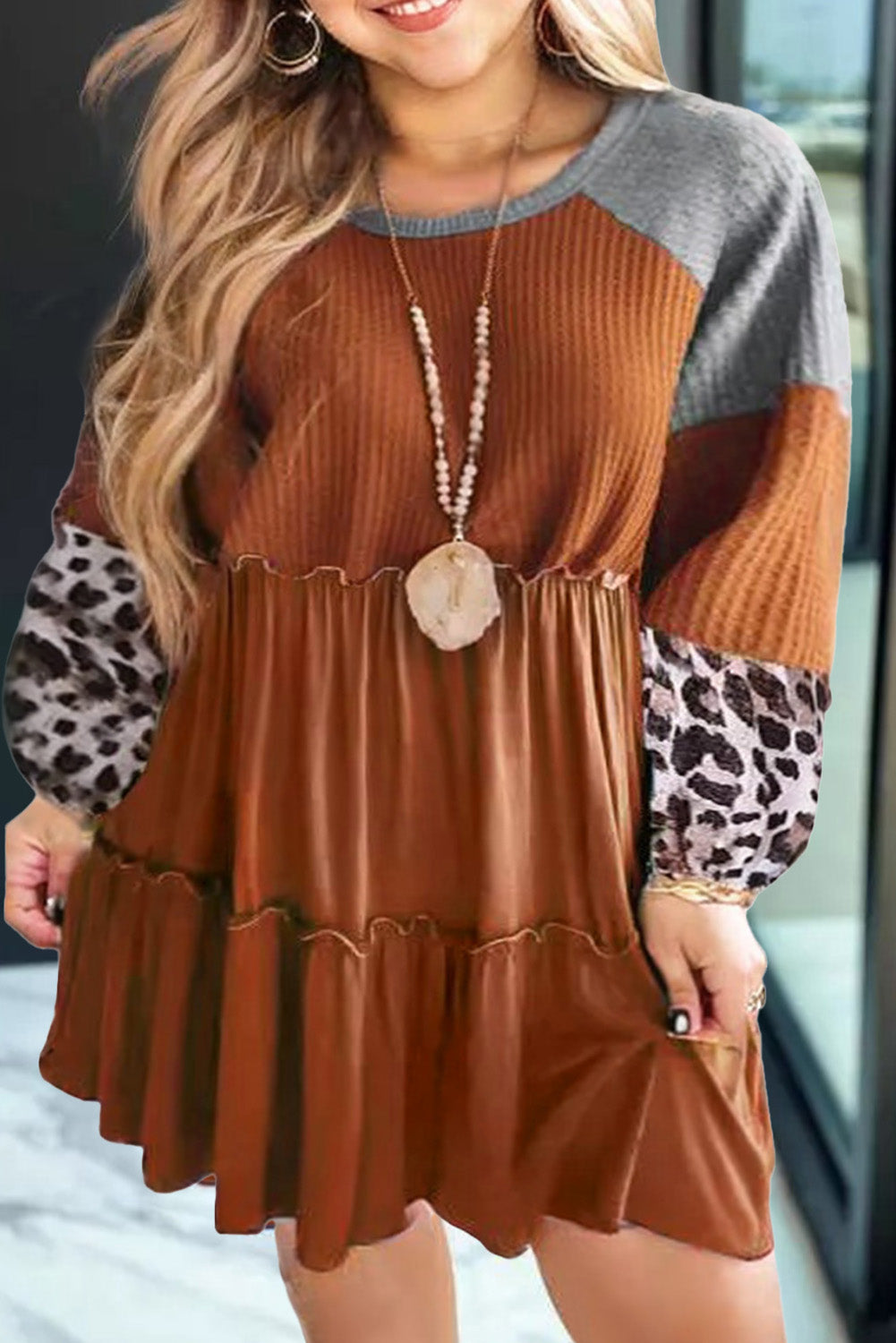 Gold Flame Plus Size Waffle Leopard Long Sleeve Ruffle Mini Dress Plus Size JT's Designer Fashion