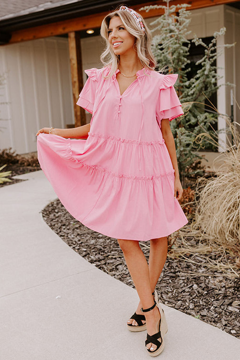 Pink V Neck Layered Ruffled Sleeves Mini Dress Mini Dresses JT's Designer Fashion