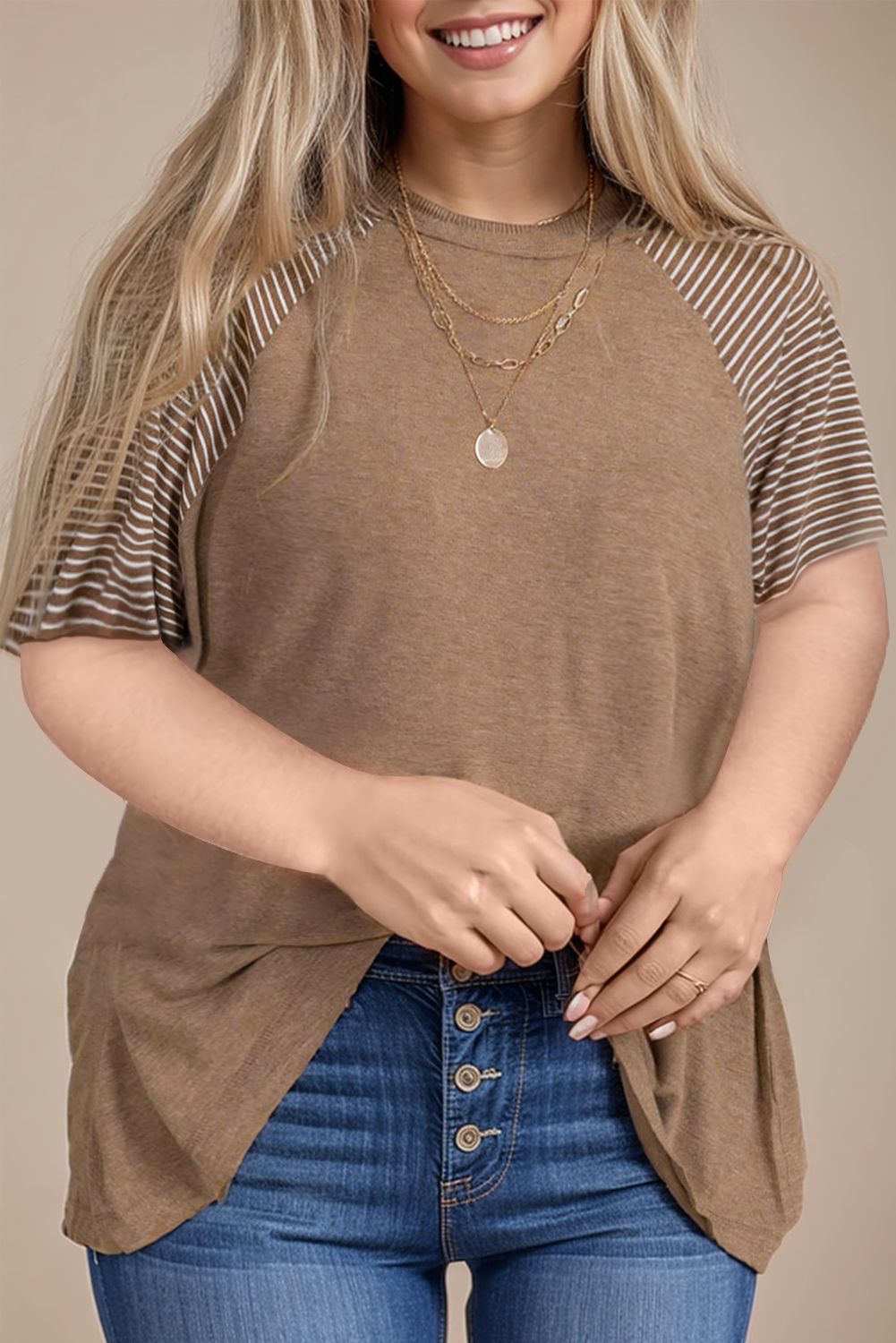 Light French Beige Striped Short Sleeve Crewneck Plus Size T Shirt Plus Size JT's Designer Fashion