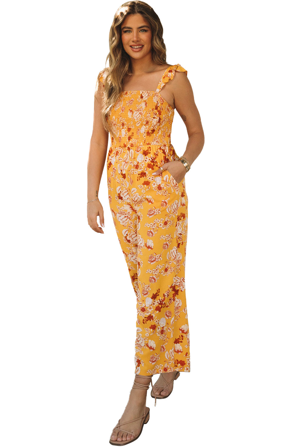 Yellow Floral Print Ruffle Shoulder Smocked Wide Leg Jumpsuit Jumpsuits & Rompers JT's Designer Fashion