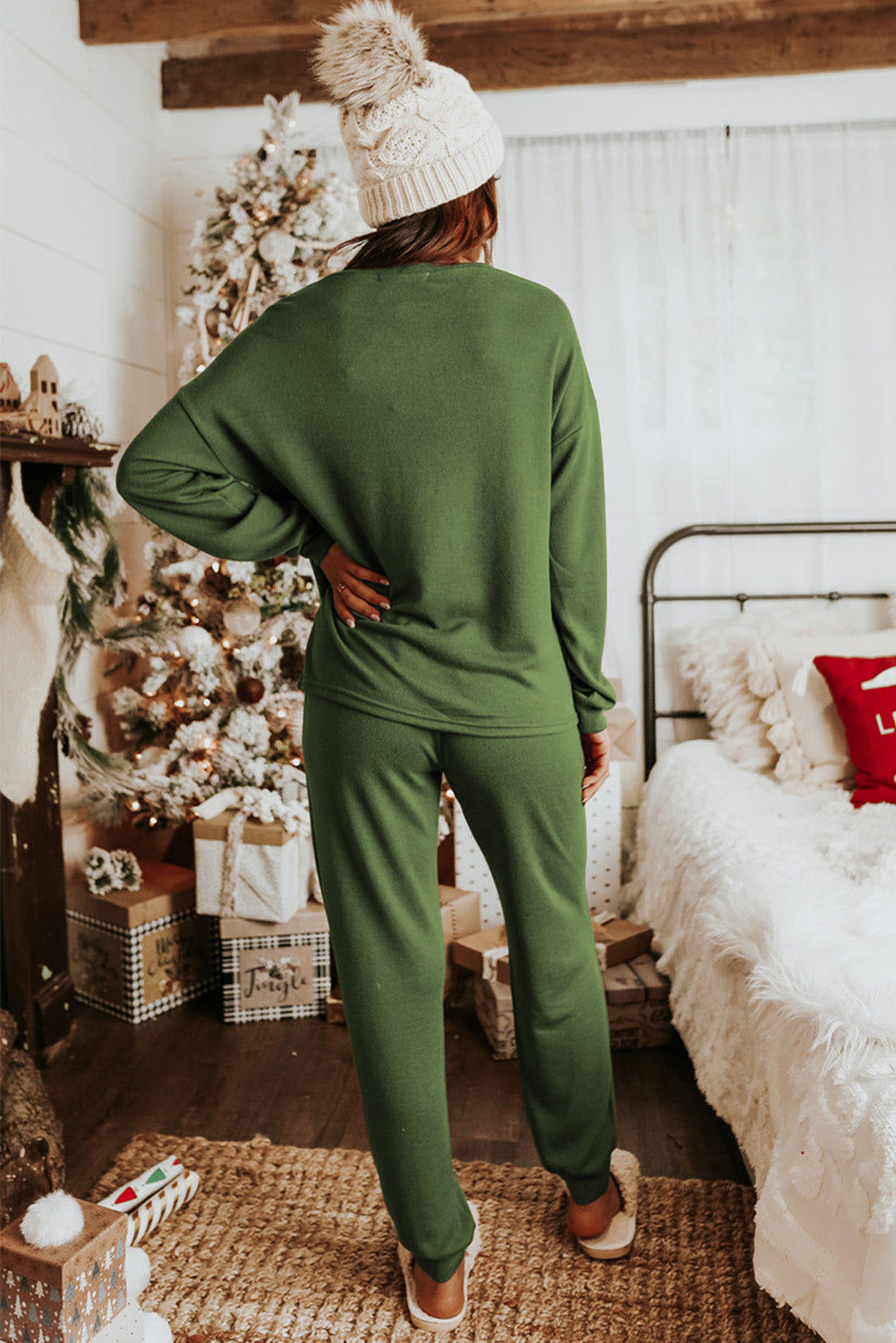 Spinach Green Long Sleeve Pullover and Jogger Pants Lounge Set Bottoms JT's Designer Fashion