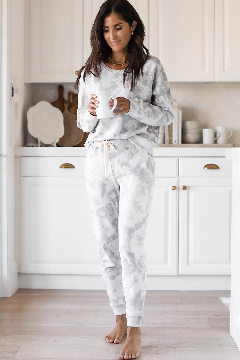 Light Grey Tie-Dye Sweatshirt Drawstring Pants Lounge Set Loungewear JT's Designer Fashion