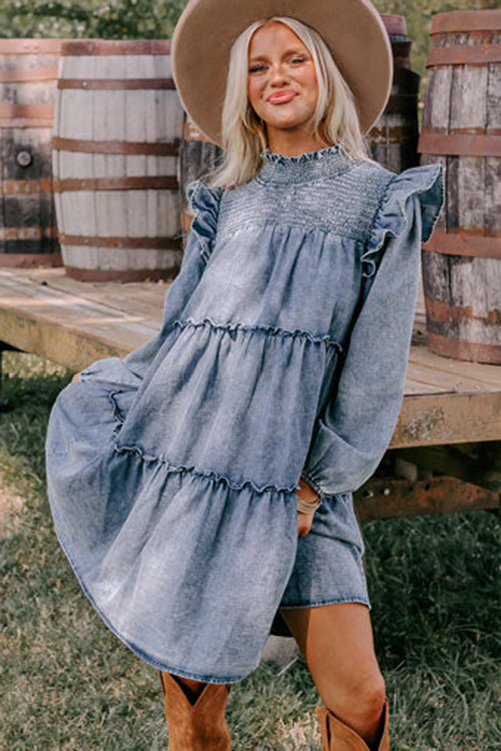 Beau Blue Ruffled Puff Sleeve Ruched Neck Tiered Denim Dress Dresses JT's Designer Fashion