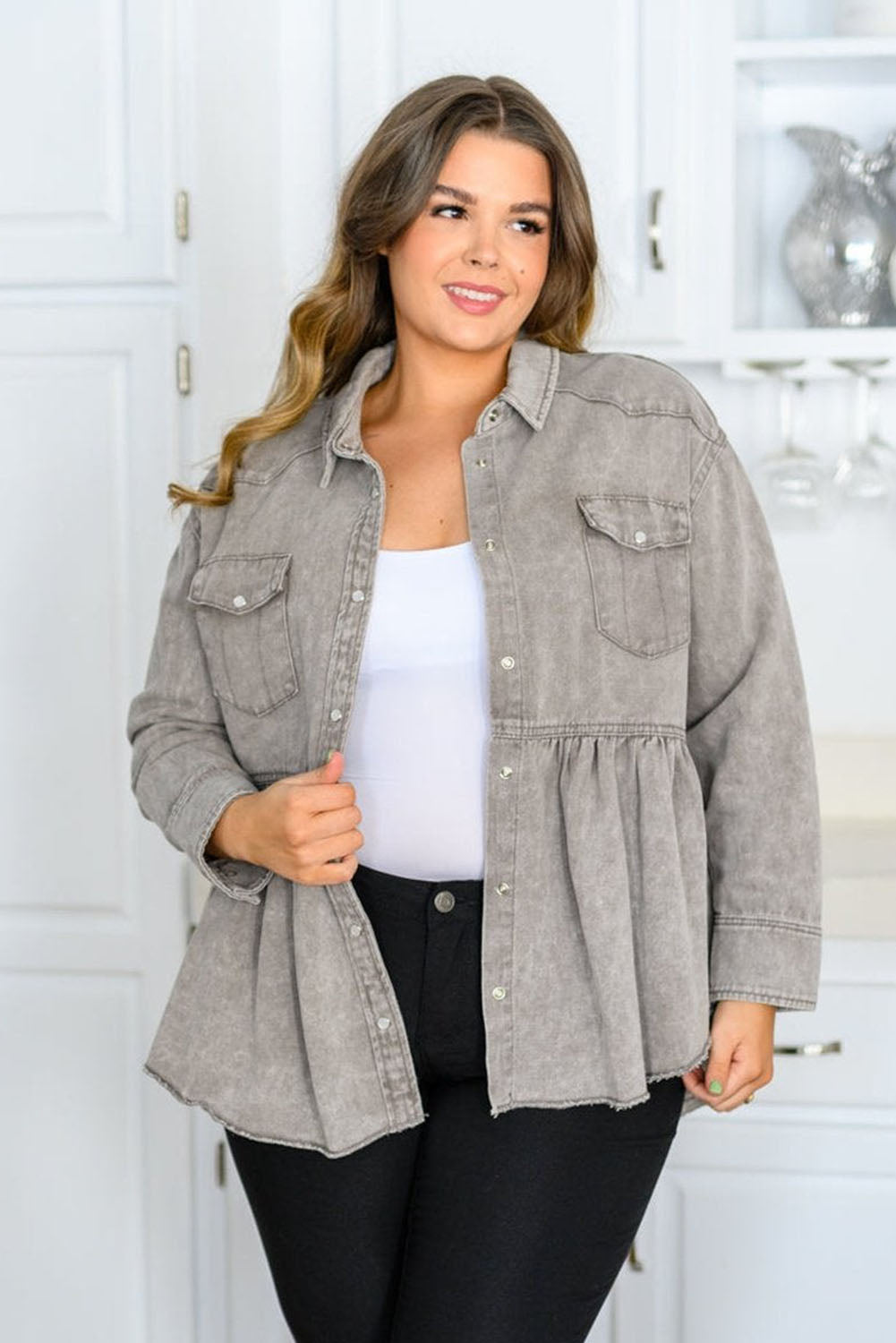 Gray Acid Wash Buttoned Ruffled Plus Size Denim Shacket Plus Size JT's Designer Fashion