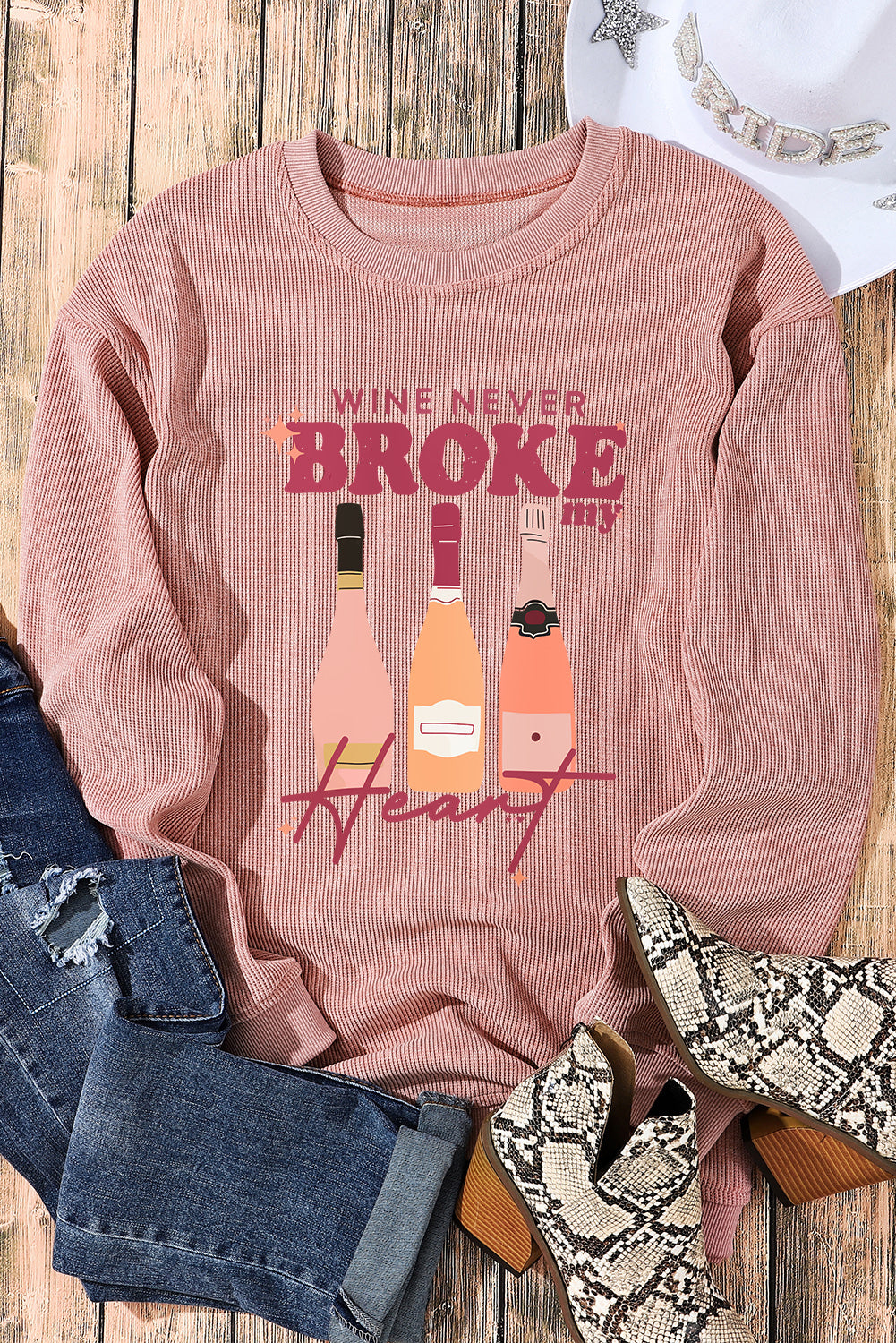 Pink WINE NEVER BROKE my Heart Corded Baggy Sweatshirt Graphic Sweatshirts JT's Designer Fashion