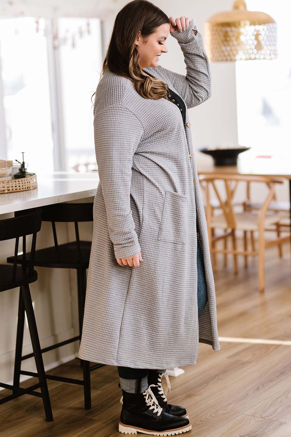 Gray Plus Size Waffle Knit Pocketed Long Cardigan Plus Size JT's Designer Fashion