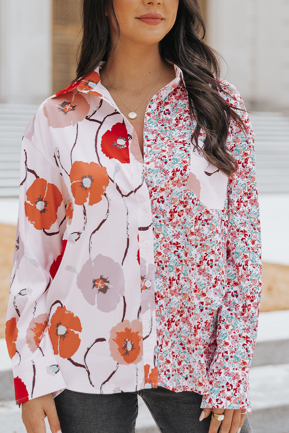 Red Floral Patchwork Buttoned Shirt with Pocket Blouses & Shirts JT's Designer Fashion