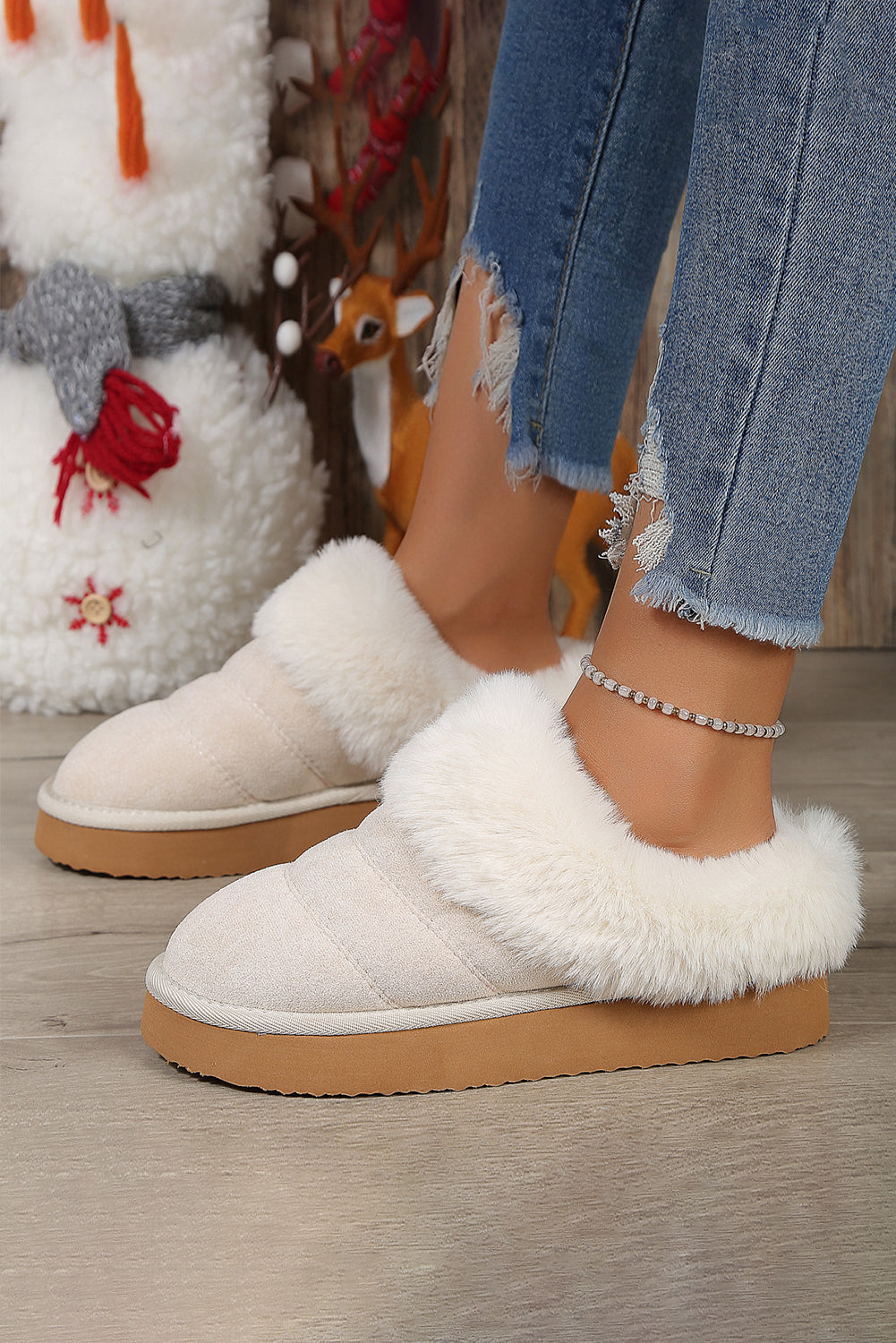 White Plush Suede Patchwork Thick Sole Slippers Slippers JT's Designer Fashion