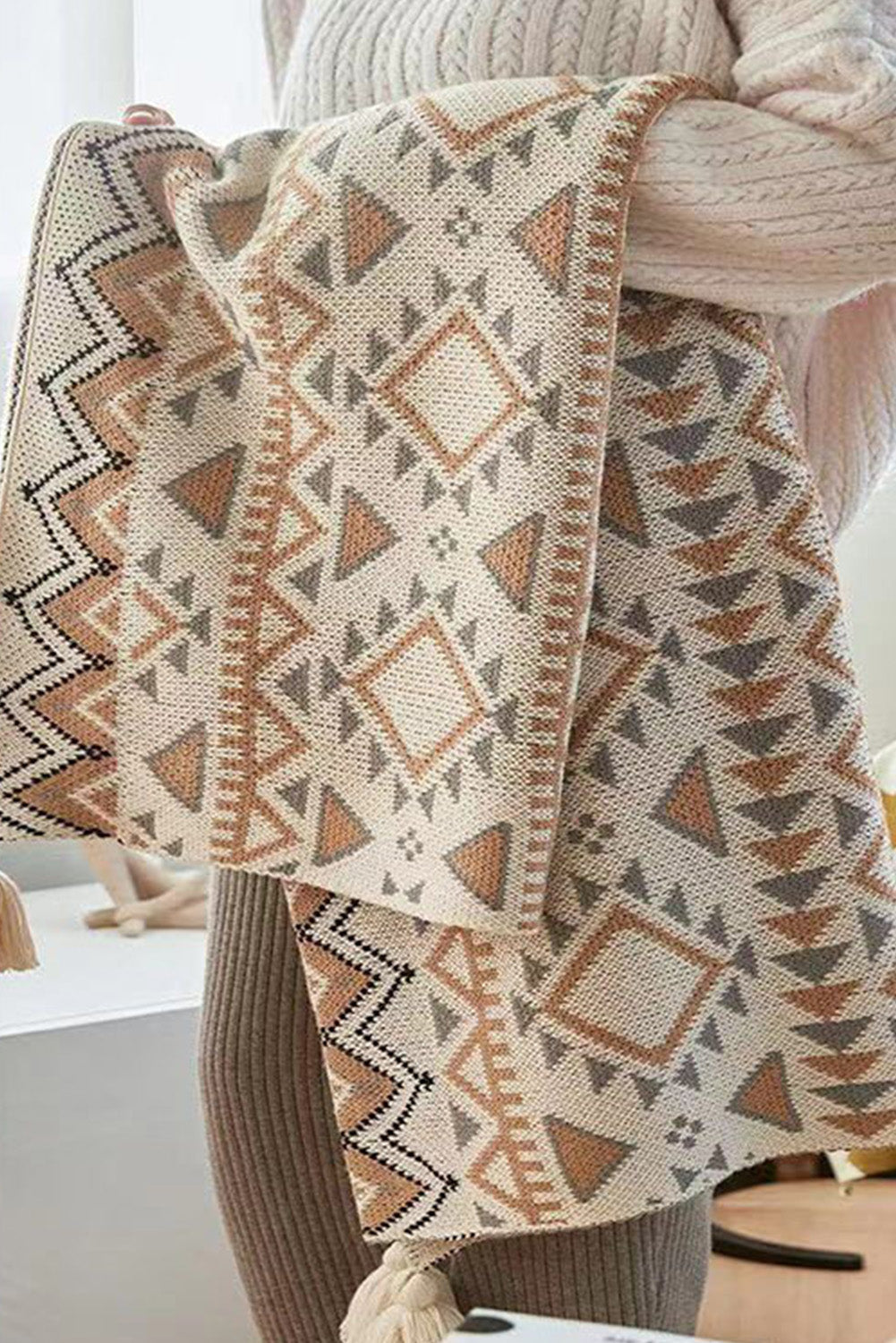 Beige Boho Geometric Knitted Tasseled Throw Blanket 127*170cm Other Accessories JT's Designer Fashion