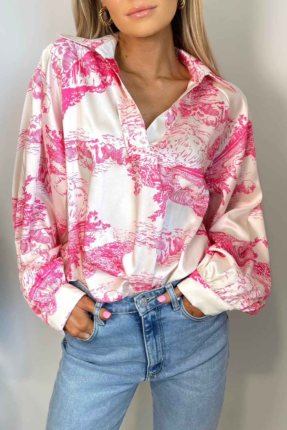 White Graphic Print Turn Down Collar Long Sleeve Shirt Blouses & Shirts JT's Designer Fashion