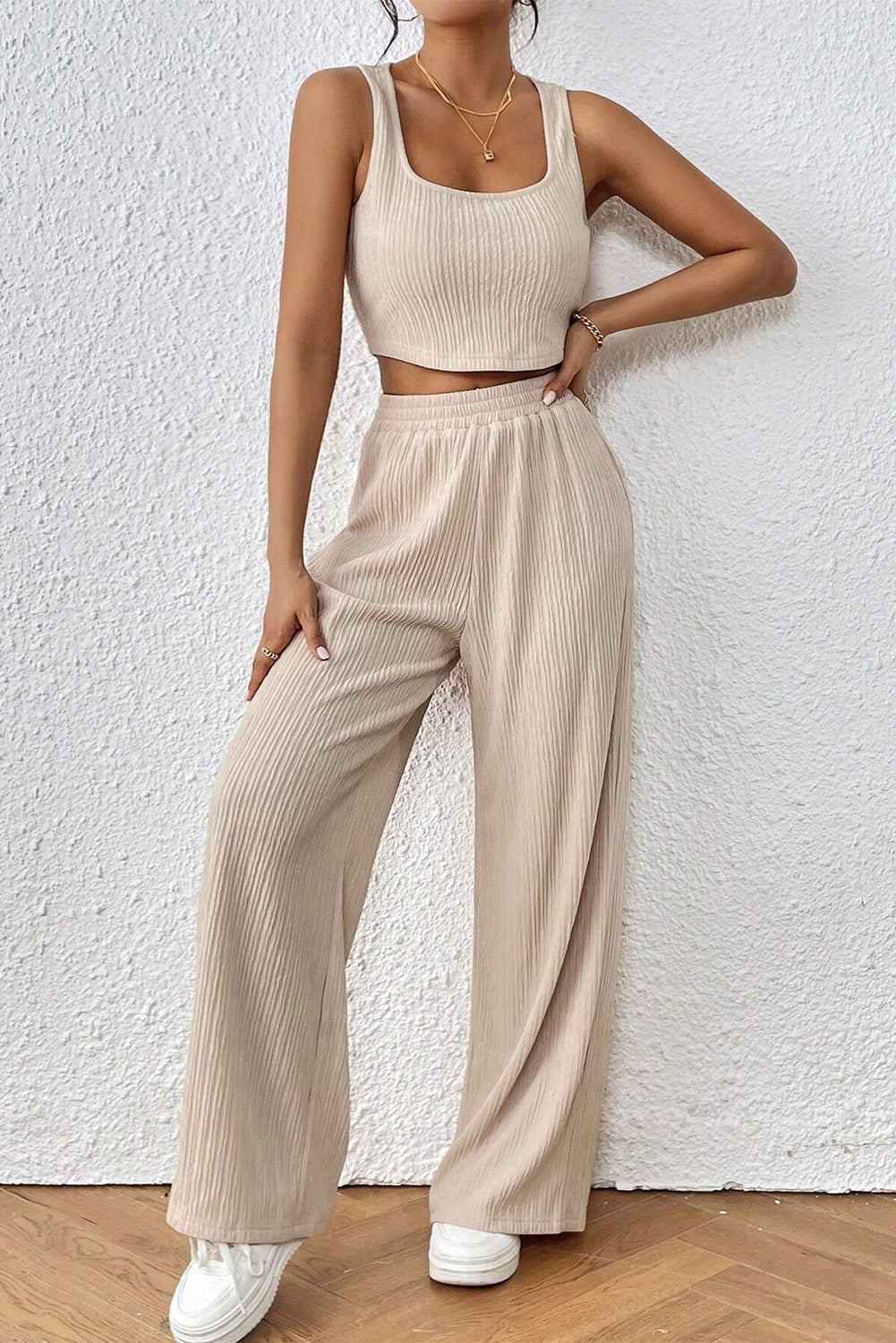 Pale Khaki Textured Crop Tank Top and Wide Leg Pants Set Bottoms JT's Designer Fashion