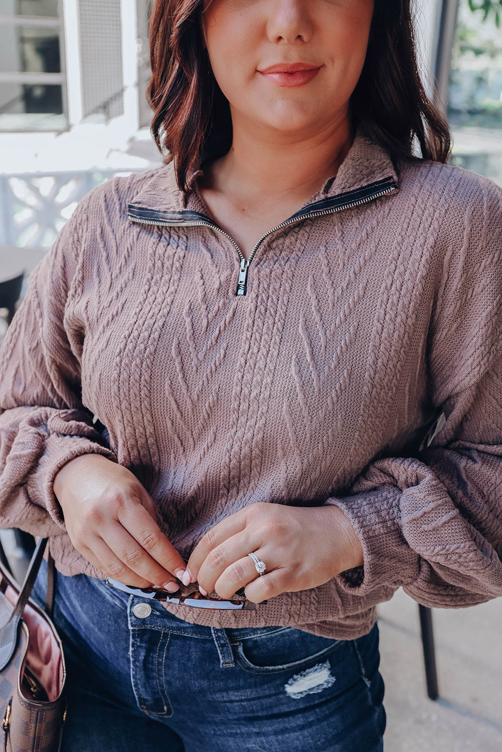 Brown Long Sleeve Zip Neck Plus Size Knit Top Plus Size JT's Designer Fashion