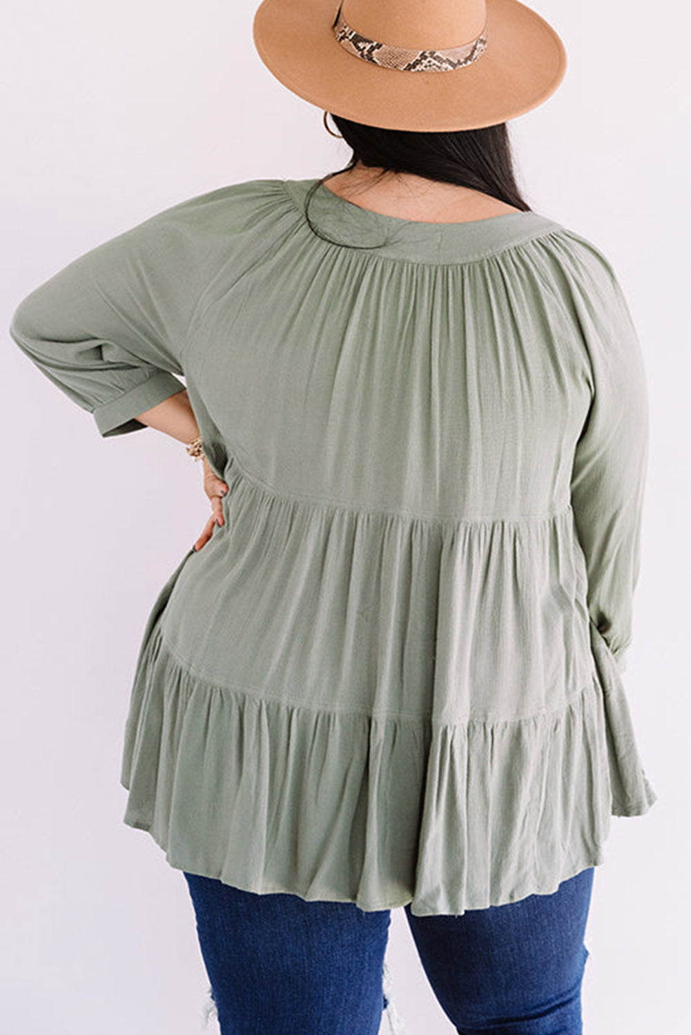 Green Button Down Split Neck Plus Size Ruffle Tiered Shirt Plus Size JT's Designer Fashion