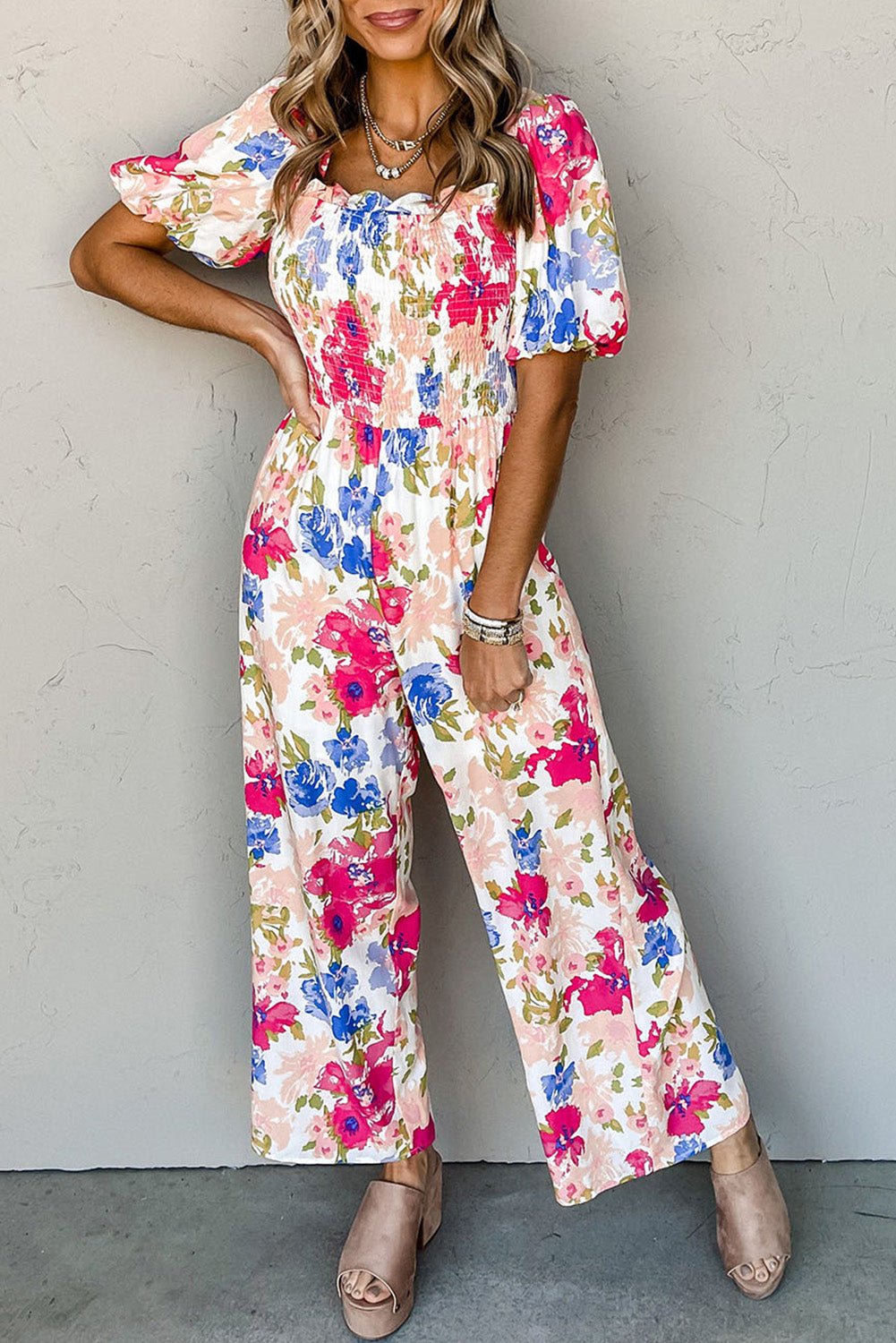 Multicolor Floral Print Smocked Puff Sleeve Jumpsuit Jumpsuits & Rompers JT's Designer Fashion