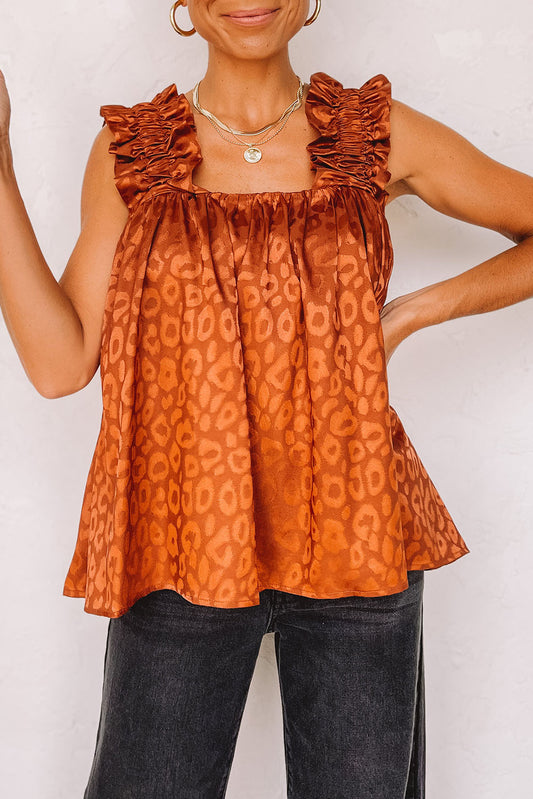 Orange Leopard Print Ruffled Wide Strap Satin Tank Top Tank Tops JT's Designer Fashion