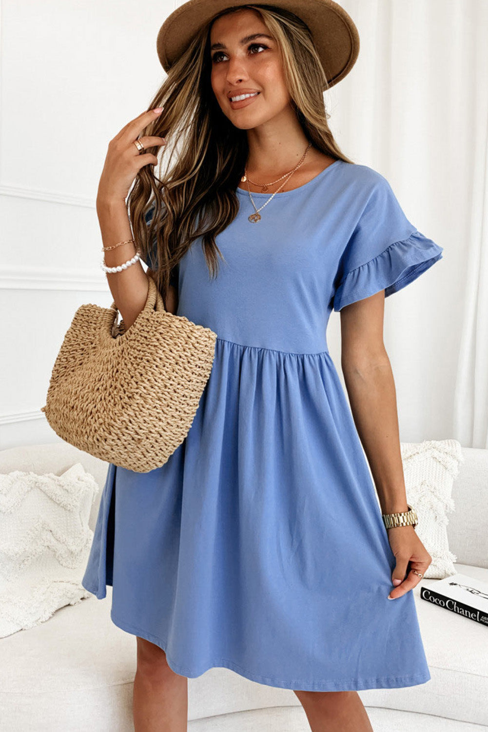 Sky Blue Round Neck Ruffle Sleeve Loose Dress Mini Dresses JT's Designer Fashion