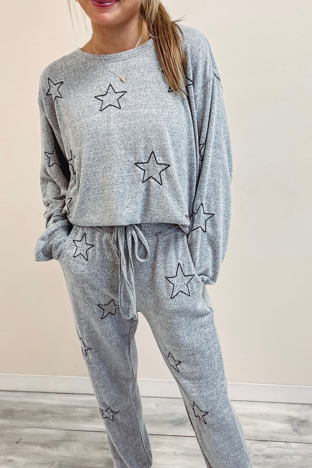 Gray Stars Print Long Sleeve Drawstring High Waist Lounge Set Bottoms JT's Designer Fashion