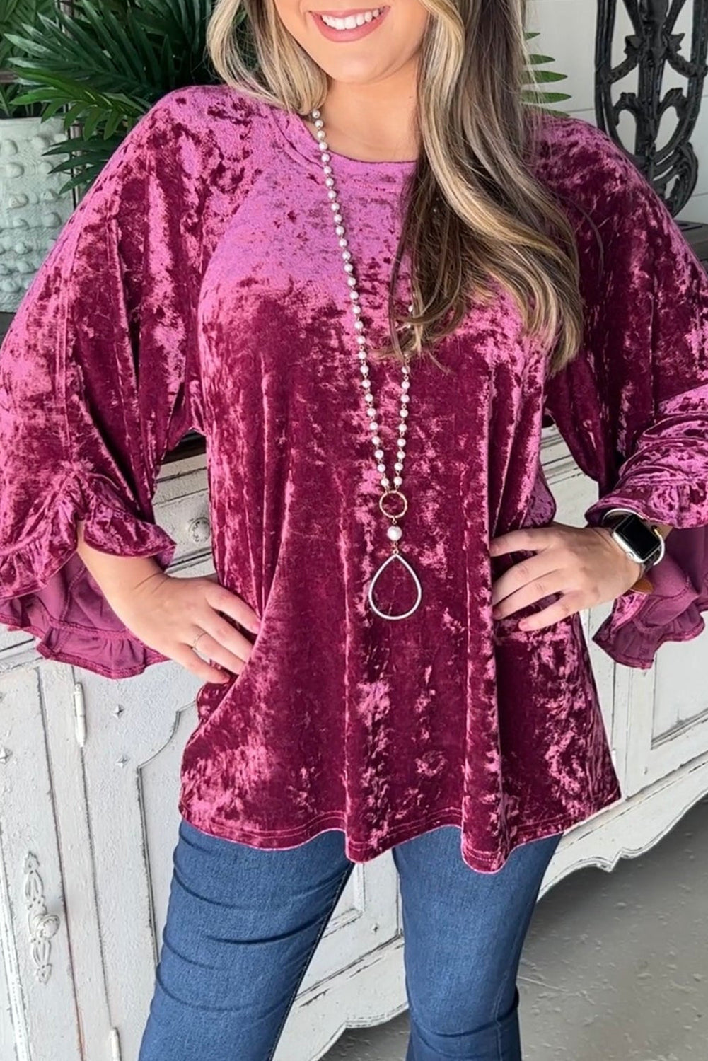 Ruby Frill Wide Sleeve Loose Velvet Top Tops & Tees JT's Designer Fashion