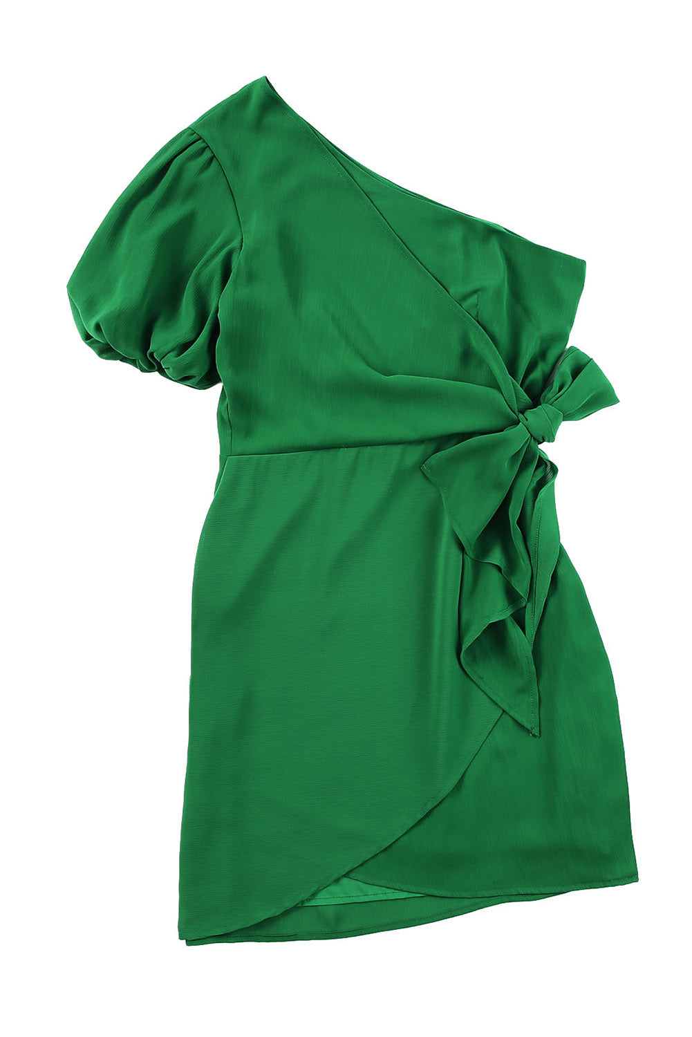 Green Asymmetric Bubble Sleeve Twist Knot Wrap Dress Mini Dresses JT's Designer Fashion