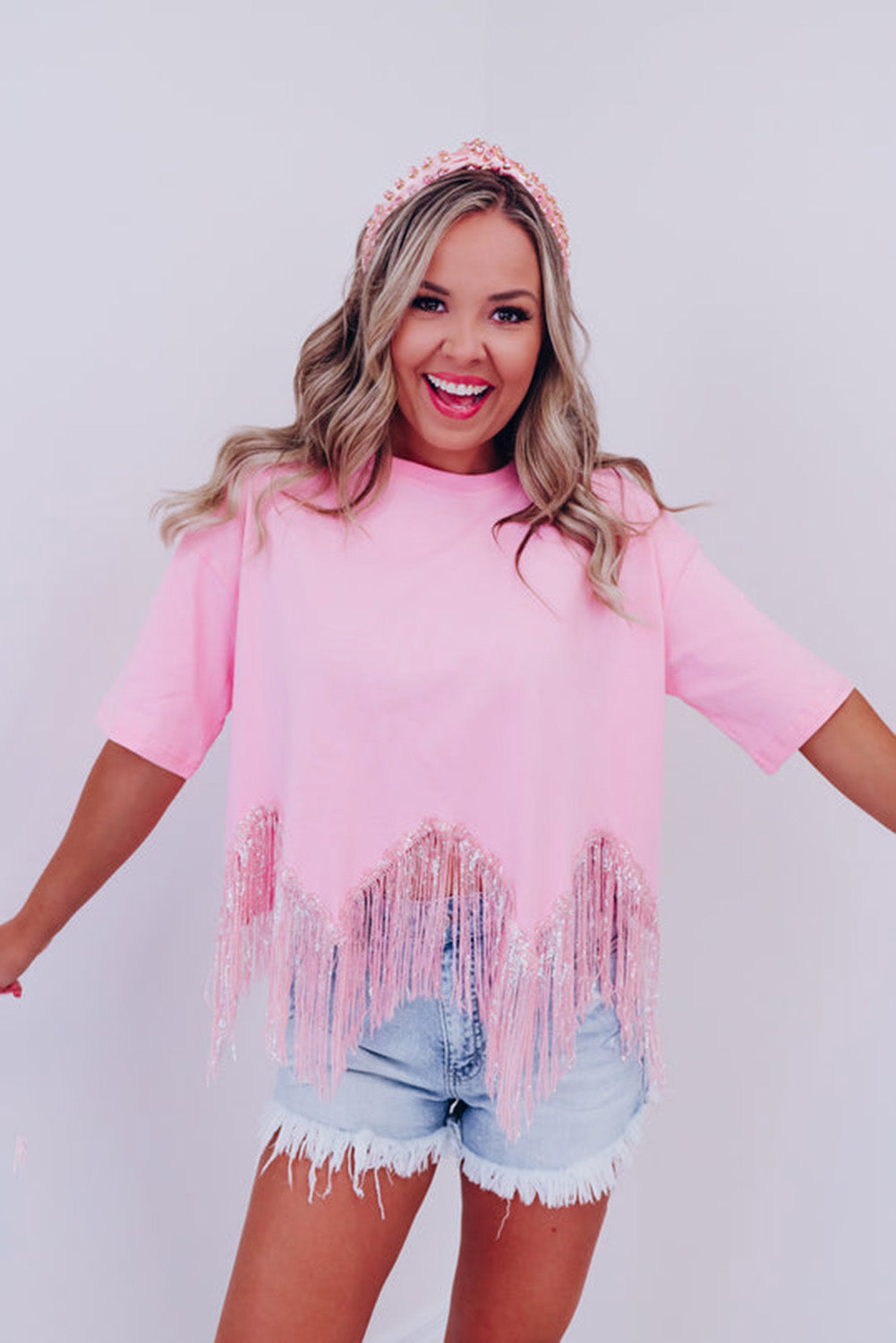 Pink Fringed Sequin Crop T-shirt Tops & Tees JT's Designer Fashion