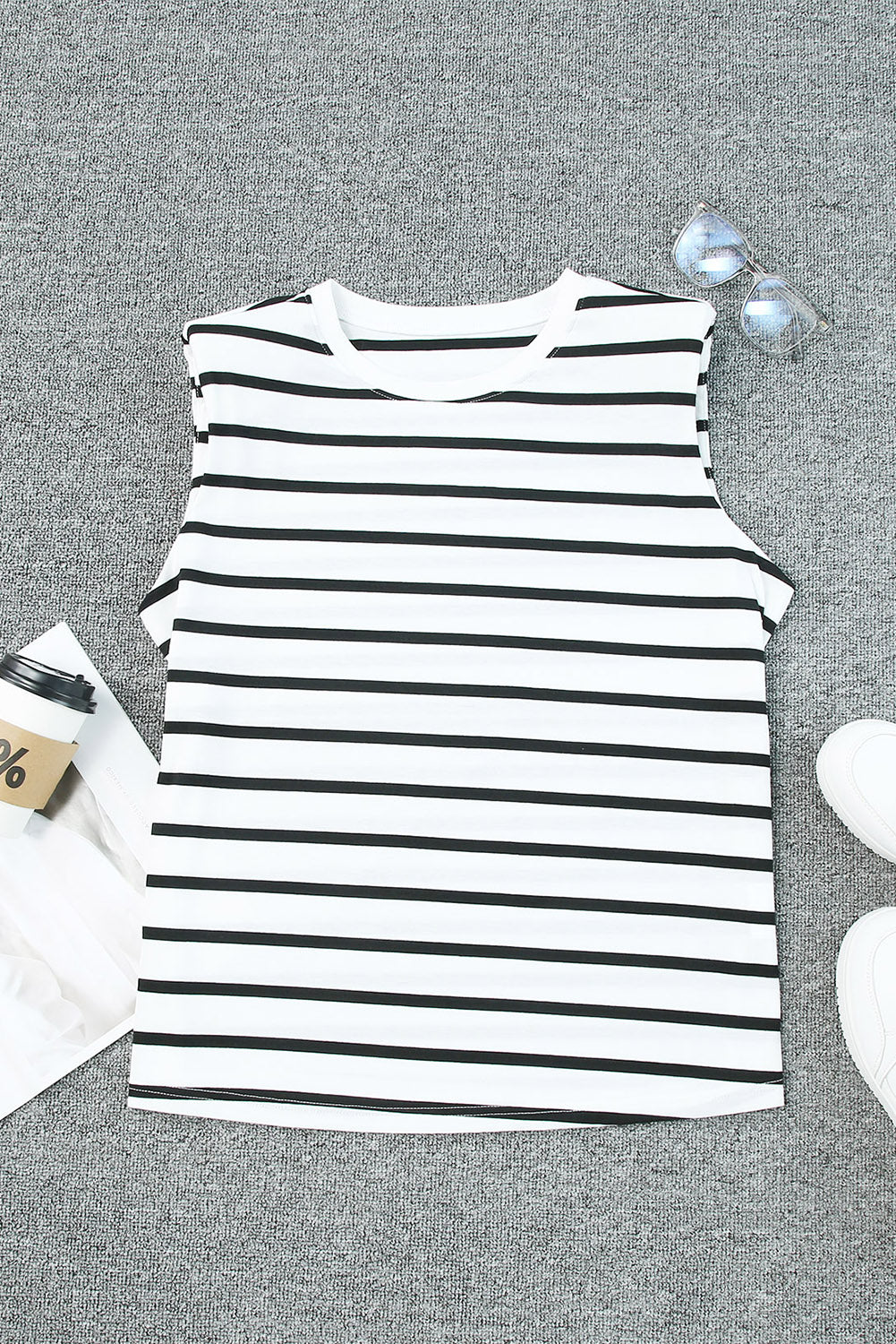 White Striped Print Shoulder Pads Boxy Tank Top Tank Tops JT's Designer Fashion