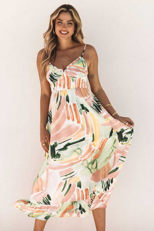 Multicolor Spaghetti Straps Graffti Print Long Dress Floral Dresses JT's Designer Fashion