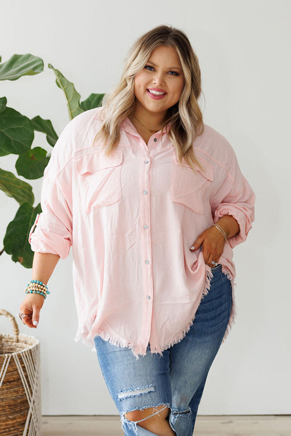 Pink Flap Pocket Tab Sleeve Button-Down Plus Size Shirt Plus Size JT's Designer Fashion