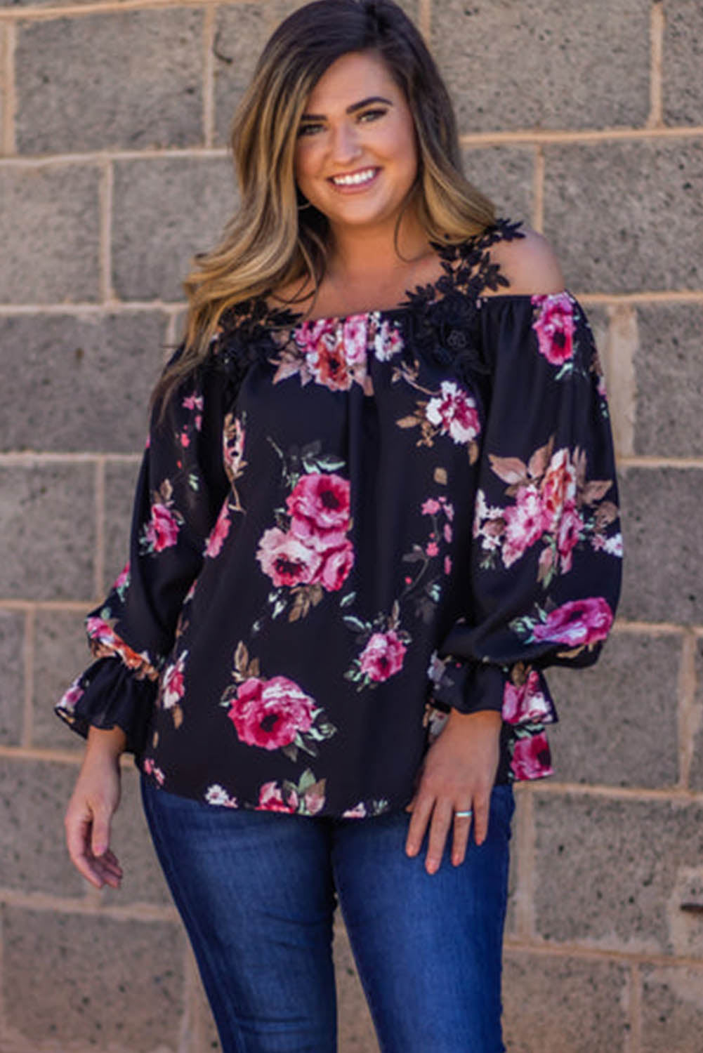 Black Plus Size Crochet Detail Off-shoulder Floral Blouse Plus Size JT's Designer Fashion