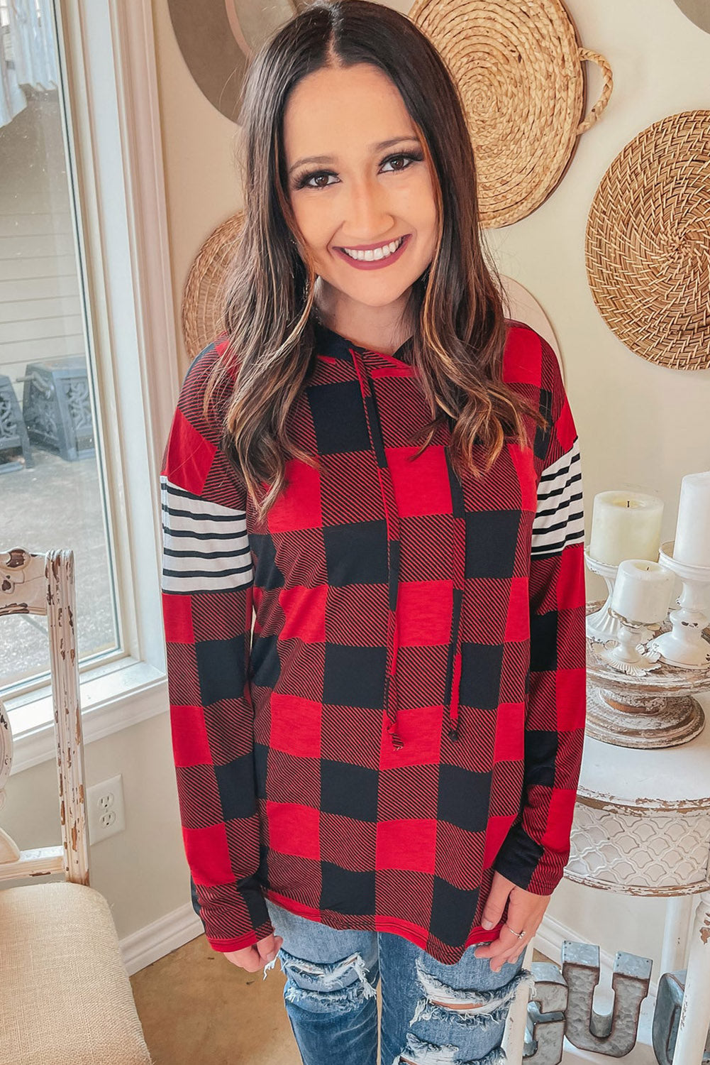 Red Plus Size Plaid Striped Patch Sleeve Hoodie Plus Size JT's Designer Fashion