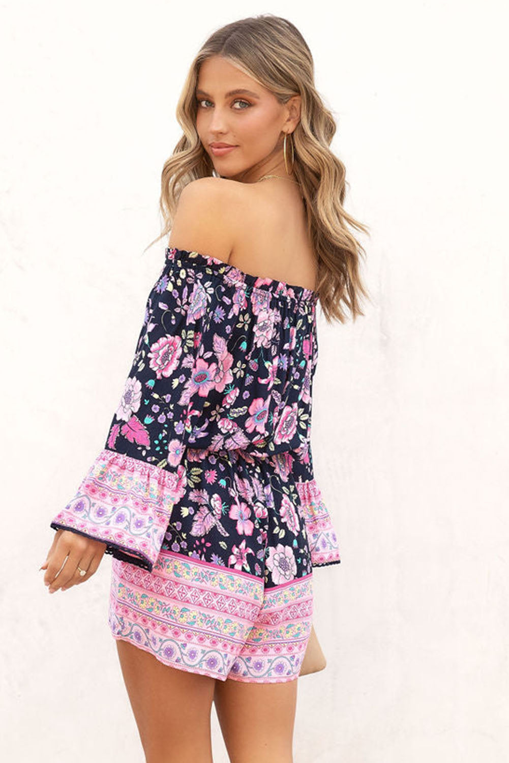 Blue Floral Patchwork High Waist Off Shoulder Romper Jumpsuits & Rompers JT's Designer Fashion