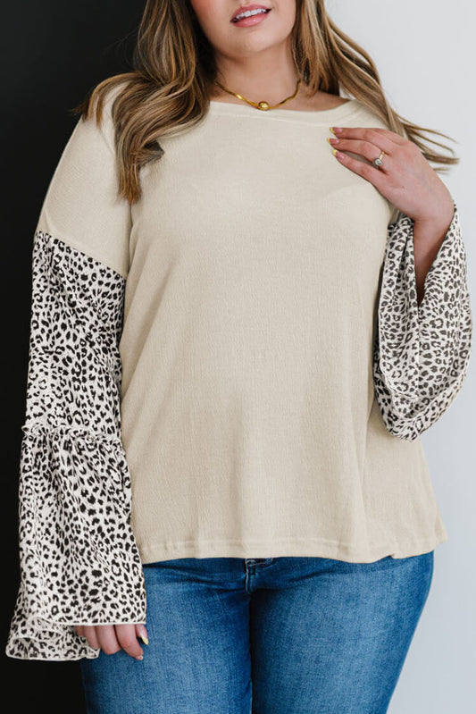 Beige Leopard Bell Sleeve Patchwork Plus Size Top Plus Size Tops JT's Designer Fashion