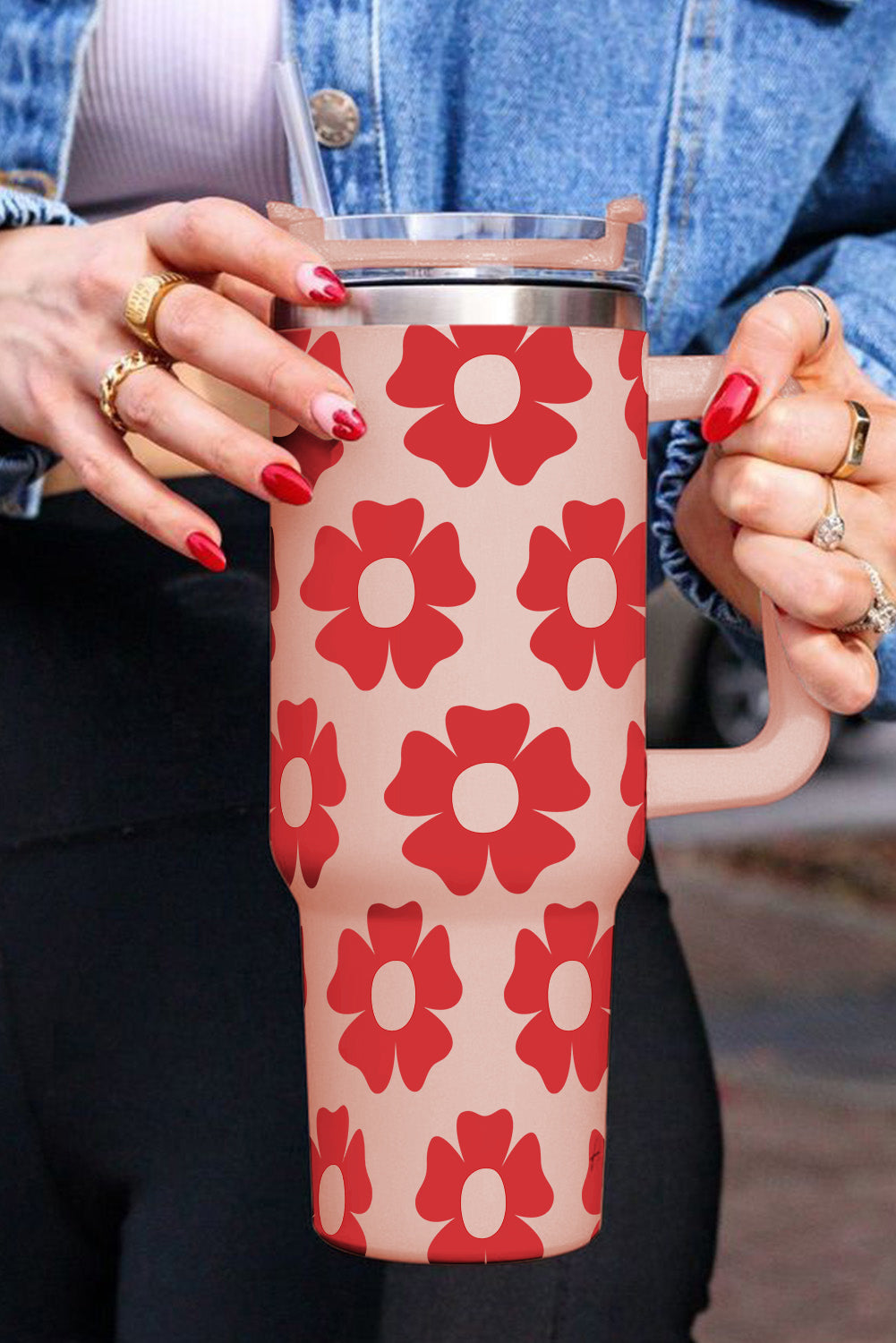 Red Flower Print Stainless Steel Water Bottle with Handle Tumblers JT's Designer Fashion