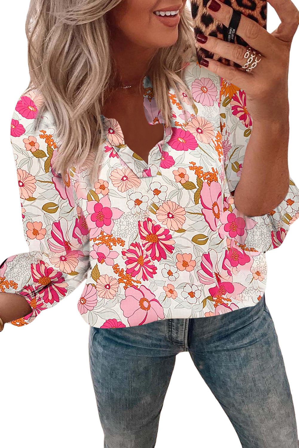 Bright White Floral Print Split V Neck Blouse Blouses & Shirts JT's Designer Fashion