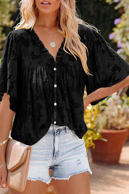 Black Floral Textured V Neck Buttoned Blouse Blouses & Shirts JT's Designer Fashion