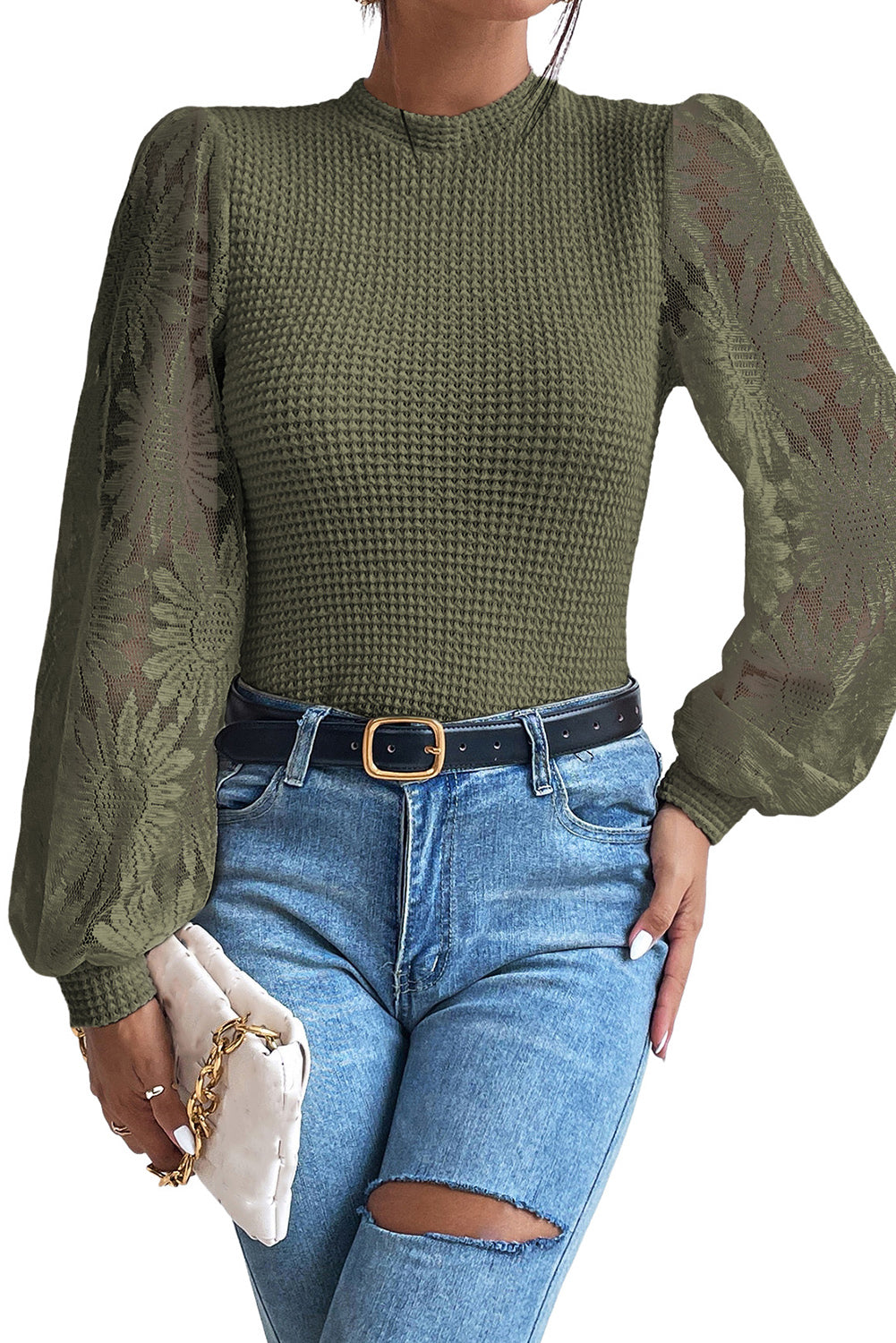 Pickle Green Sunflower Mesh Long Sleeve Waffle Knit Top Tops & Tees JT's Designer Fashion