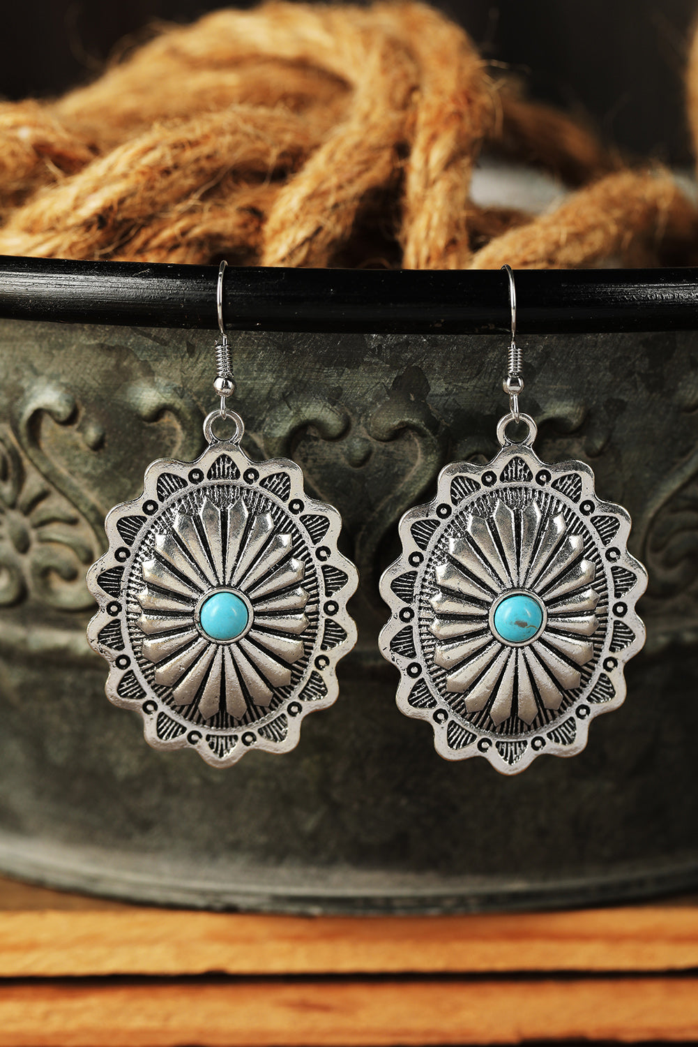 Silver Western Turquoise Round Drop Earrings Jewelry JT's Designer Fashion