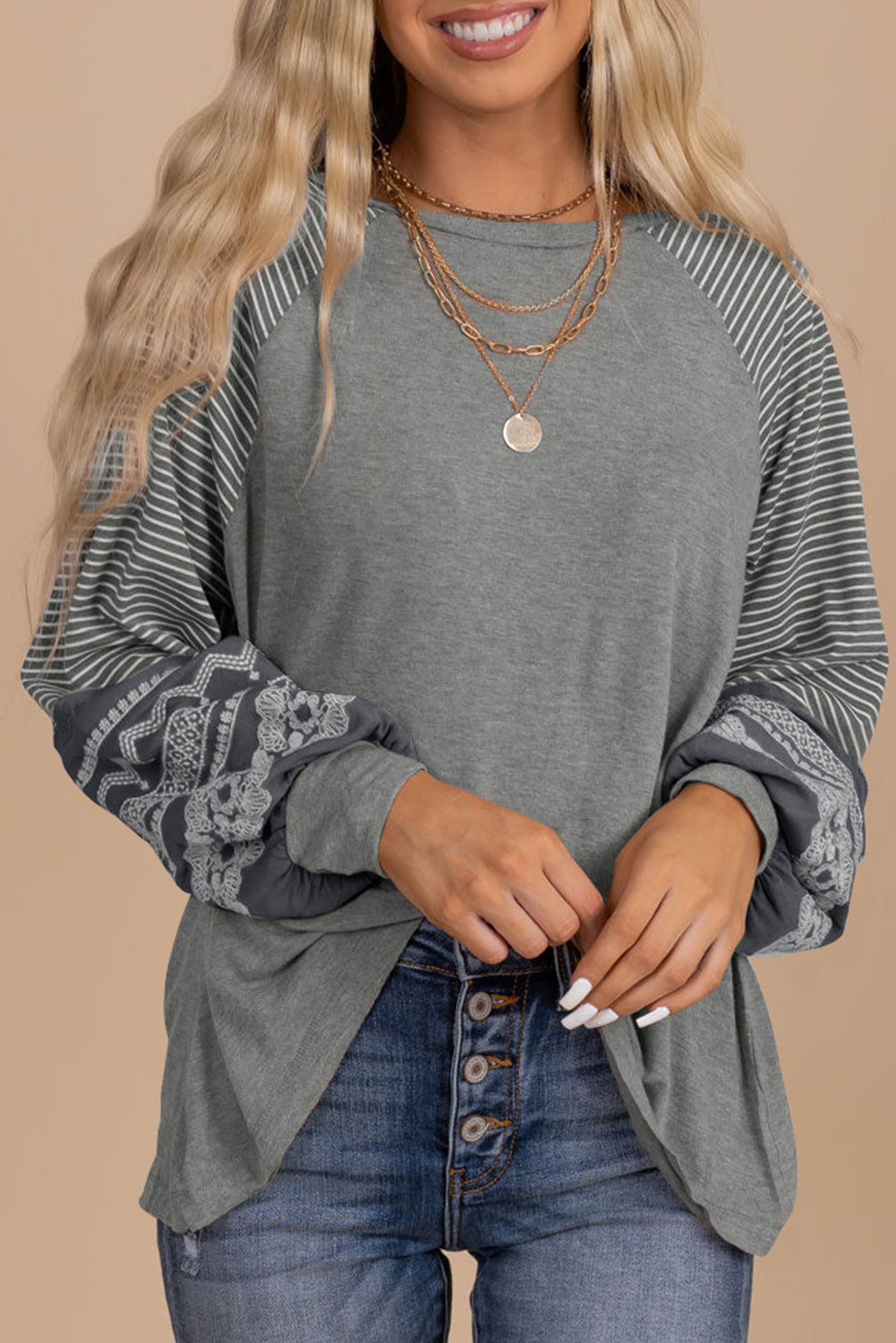 Medium Grey Floral Striped Patchwork Loose Long Sleeve Top Tops & Tees JT's Designer Fashion